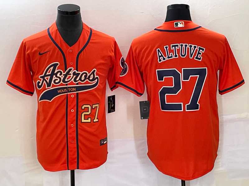 Mens Houston Astros #27 Jose Altuve Number Orange With Patch Cool Base Stitched Baseball Jersey